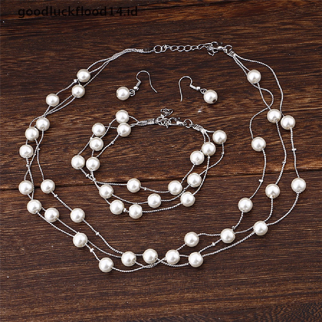 [OOID] Fashion Multilayer Pearl Necklace Earrings Bracelet Jewelry Set Wedding Bridal ID