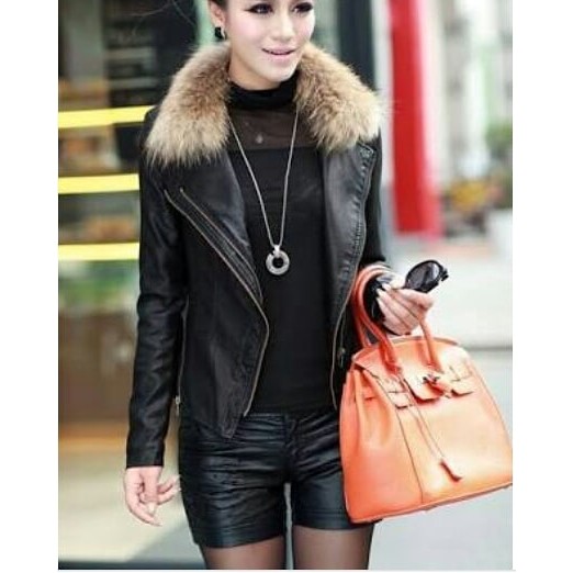 Jaket kulit asli wanita bagus terkini kerah bulu-bulu