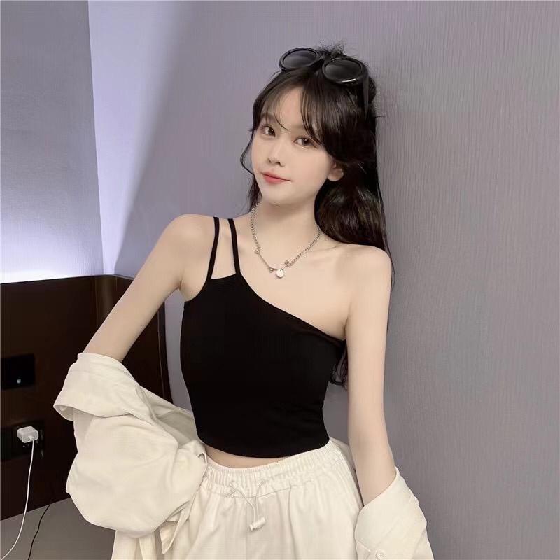 Tanktop Terbaru Asimetris One Shoulder Atasan Wanita Crop Korean Look Double Tali Kecil