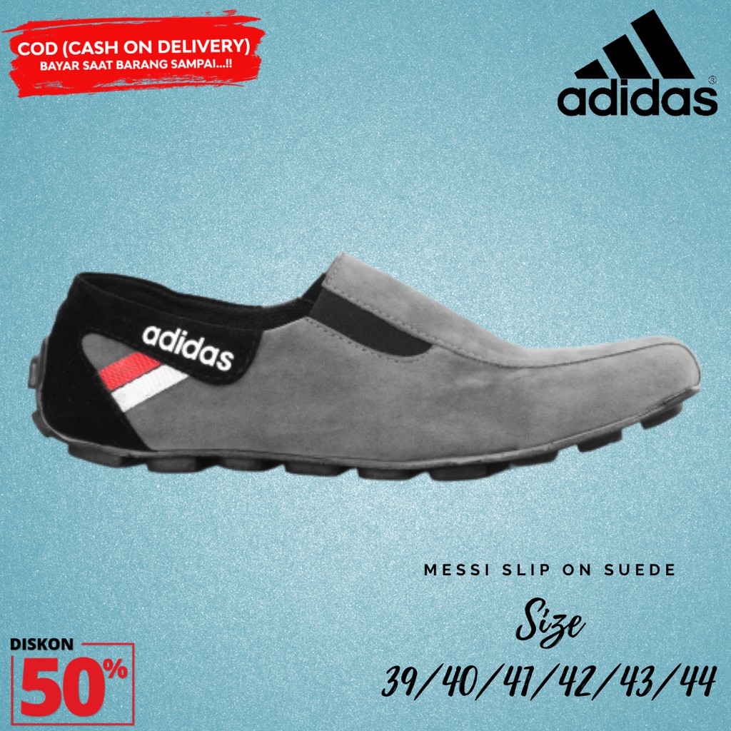 Sepatu Slip On Pria Adidas Messi Abu Moccasin Suede Selop Kasual Santai Kerja Jalan Laki Slop Murah