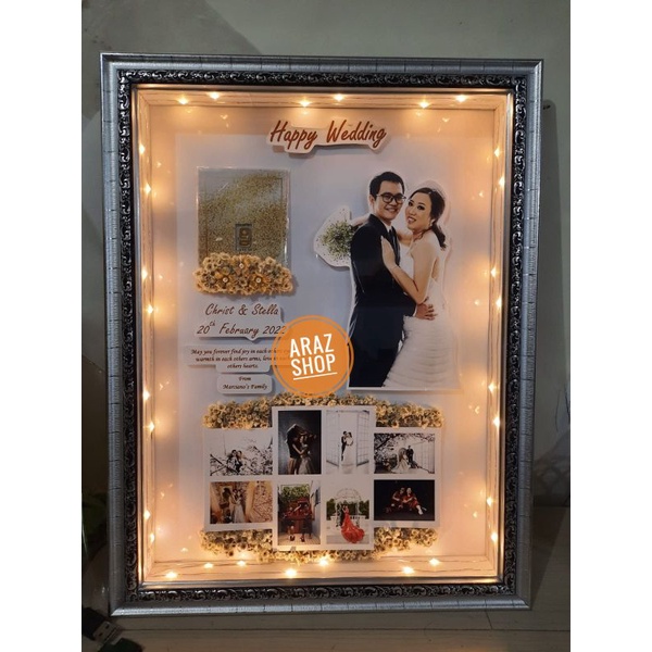 frame 3D bingkai foto lampu LED custom mahar A3 bunga kering gold besar kado annivesary wedding wisu