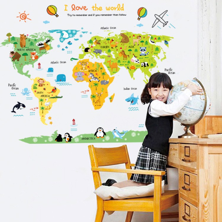 RELIZA WALL STICKER PETA DUNIA ANAK MAP I LOVE THE WORLD ANIMAL ABC1049 STIKER DINDING