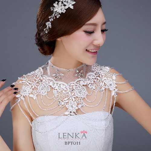 (FAVORITE) AKSESORIS BOLERO PENGANTIN WANITA MUTIARA CRYSTAL LACE PUTIH BPT011