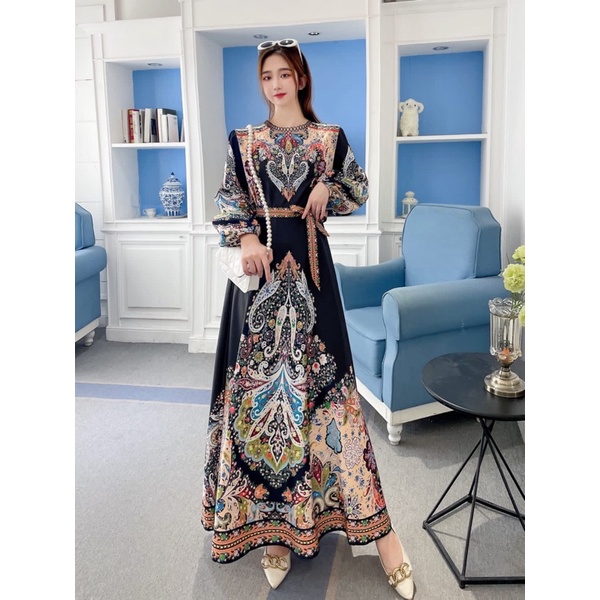 SALE!!! DRESS MAXI ESTILO ELEGAN IMPORT / IVORY ORI BKK-hitam etnik