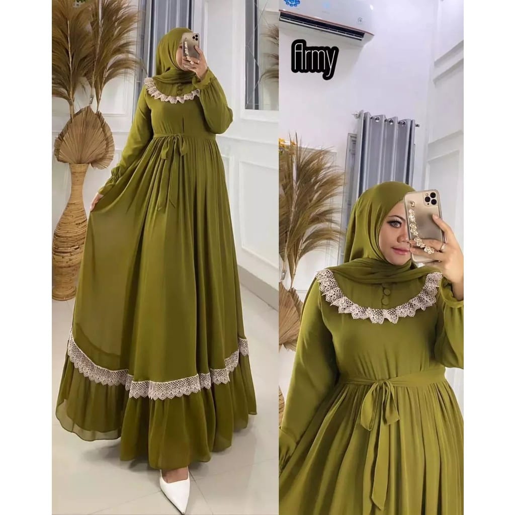 Busana Muslim Wanita Terbaru Cantika Dress Kondangan Baju Wanita Jumbo Gamis Ceruty Babydoll Aksen Renda