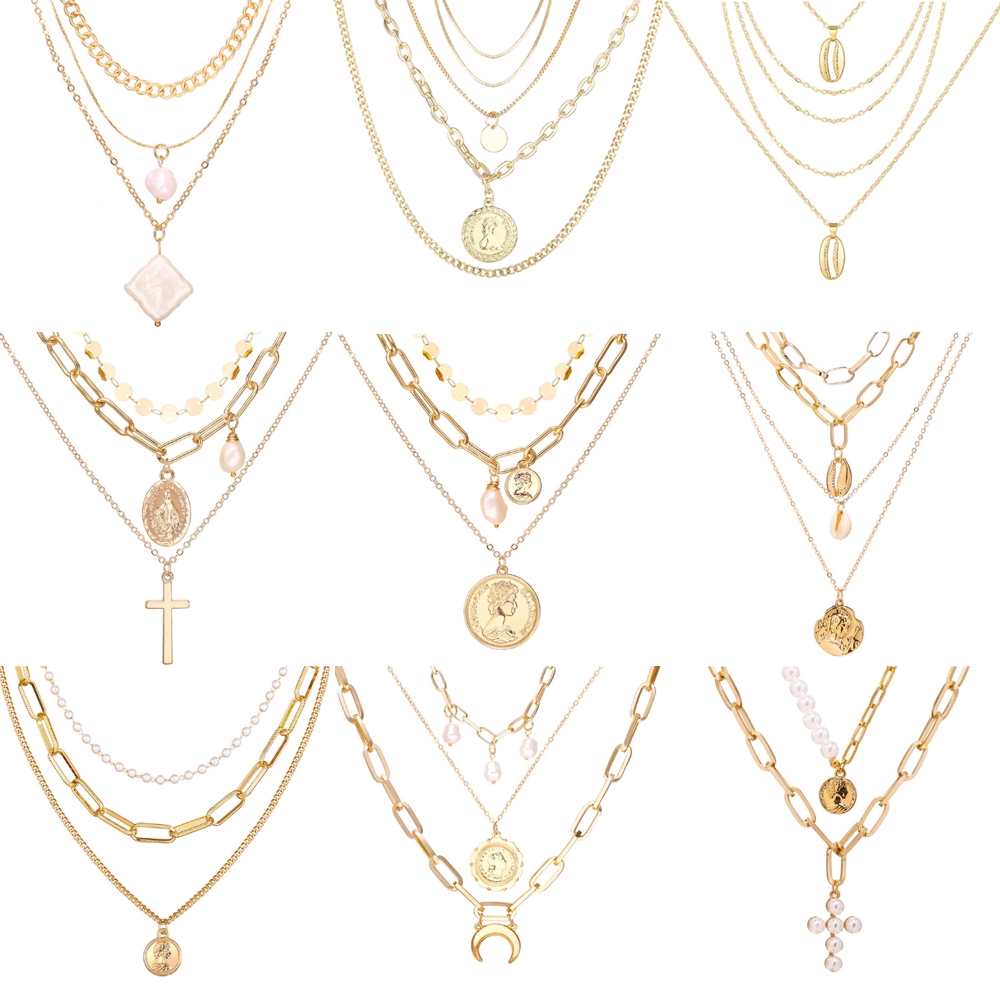Kalung Rantai Multi Layer Desain Koin Salib Warna Gold Gaya Retro Untuk Wanita