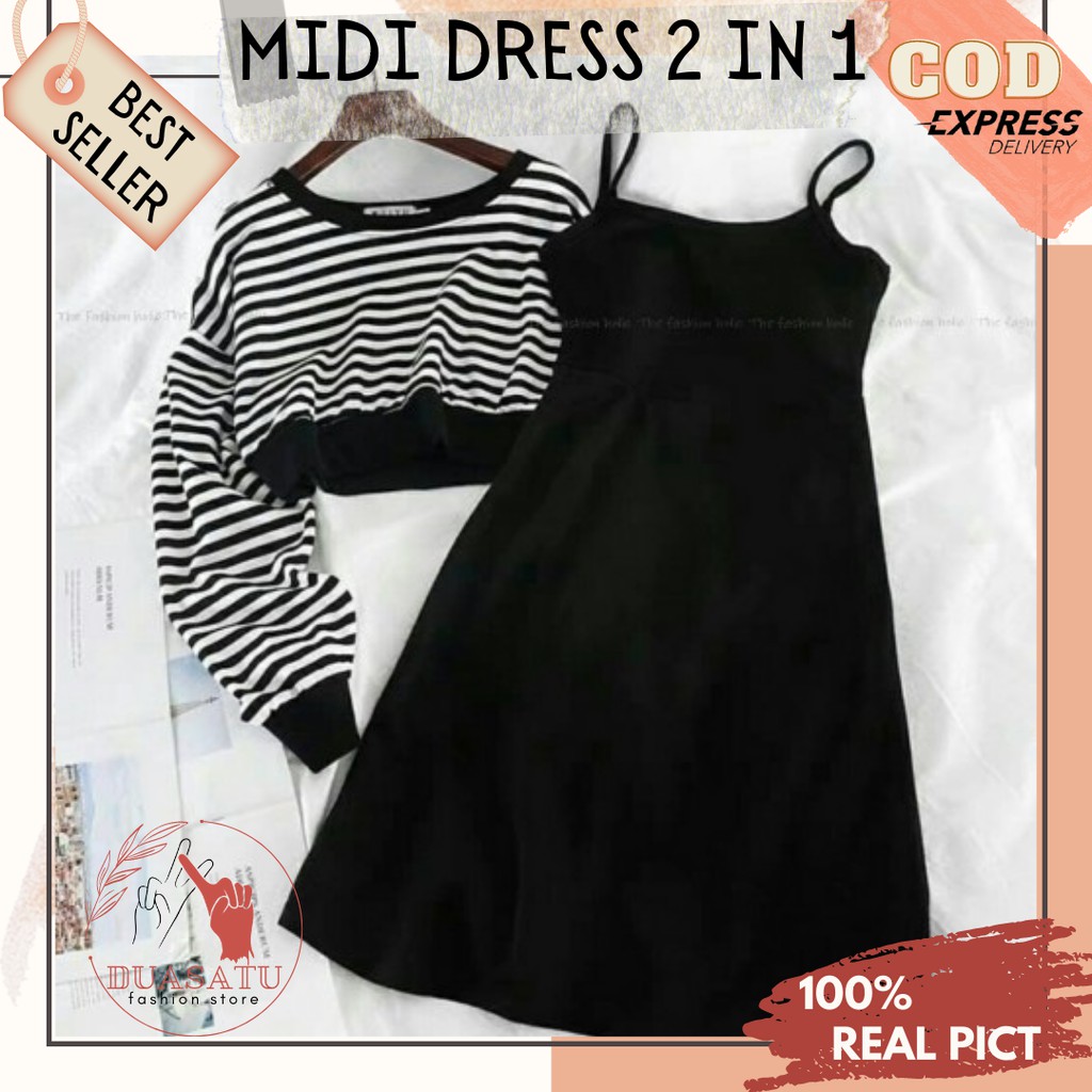 Midi Dress Baju Wanita Korean Style Casual Pendek Tanpa Lengan Overall Gaun Dres Korea Hitam Wanita