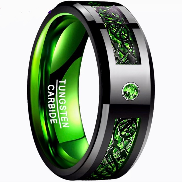 Cincin Pria Tungsten Carbide Original Green Celtic Dragon Cubic Zirconia Premium Quality