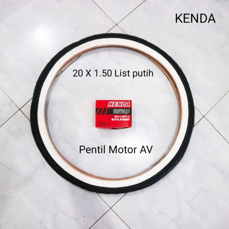 PAKET HEMAT BAN SEPEDA 20 X 1.50 KENDA LIST PUTIH PLUS BAN DALAM PENTIL MOTOR AV UNTUK SEPEDA LIPAT 