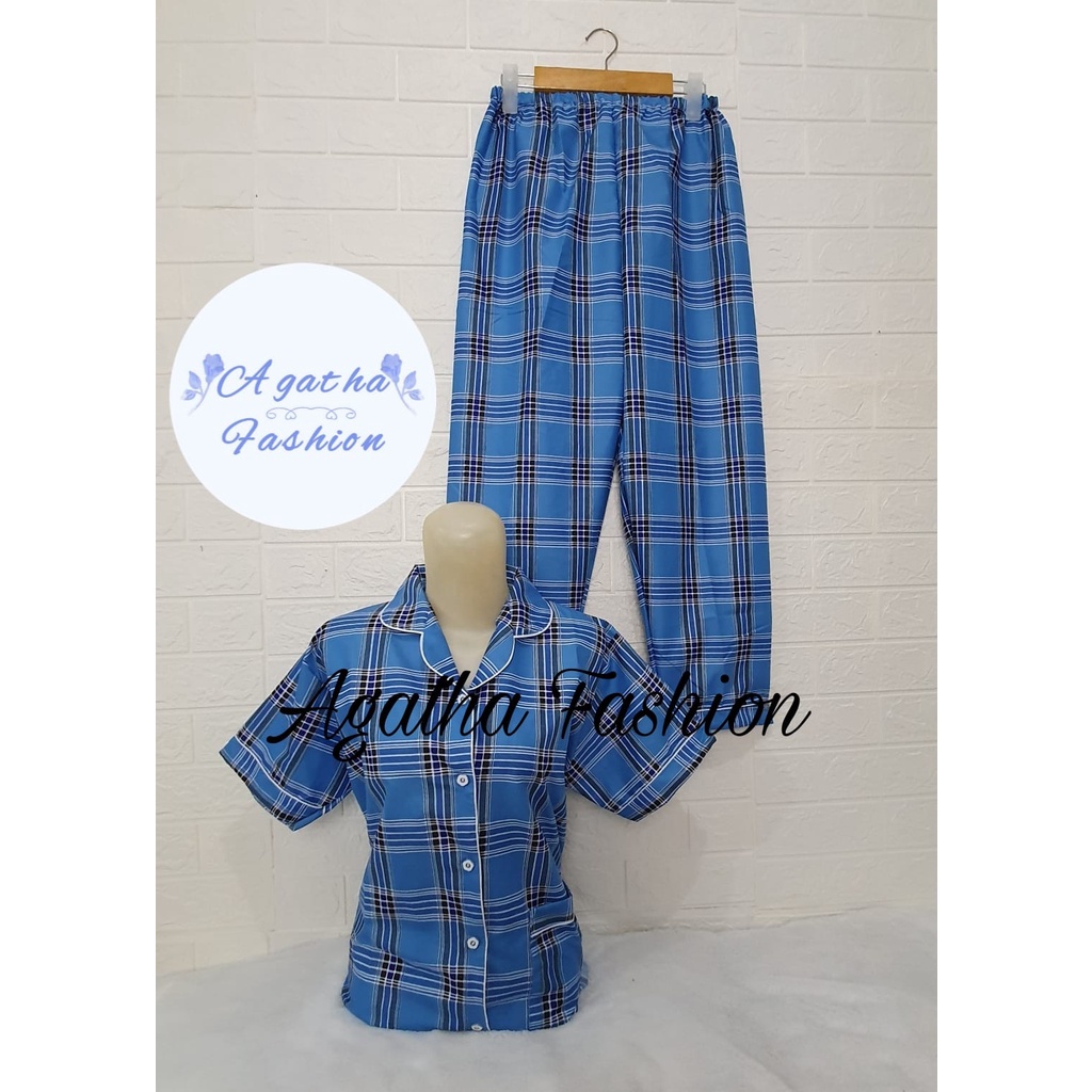 Baju Tidur Cewek Lengan Panjang Dan Lengan Pendek Motif Kotak Piyama Wanita Kekinian Pajamas Dewasa-CP OSLIN BIRU L