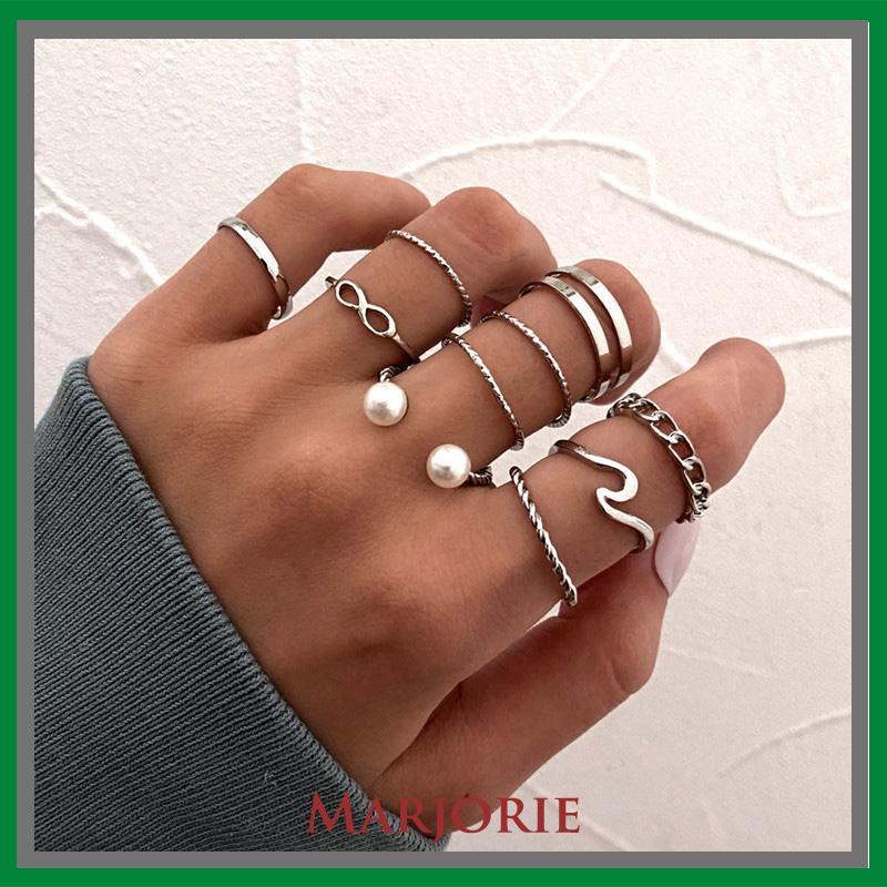 10 Buah Set Wanita Kreatif Sederhana Manik-manik Ganda Cincin Gabungan Geometri Gelombang Mutiara-MJD