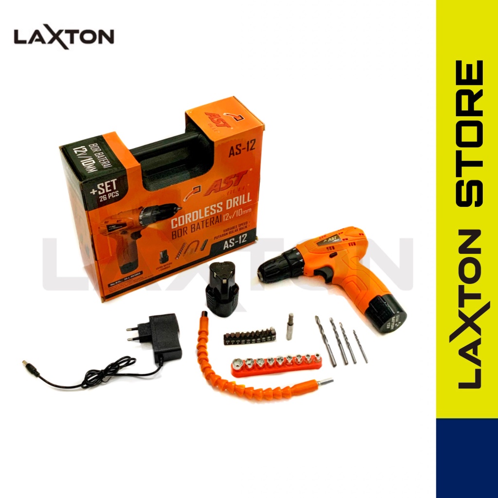 Mesin bor baterai charge cordless drill set 10mm AST AS-12 MURAH