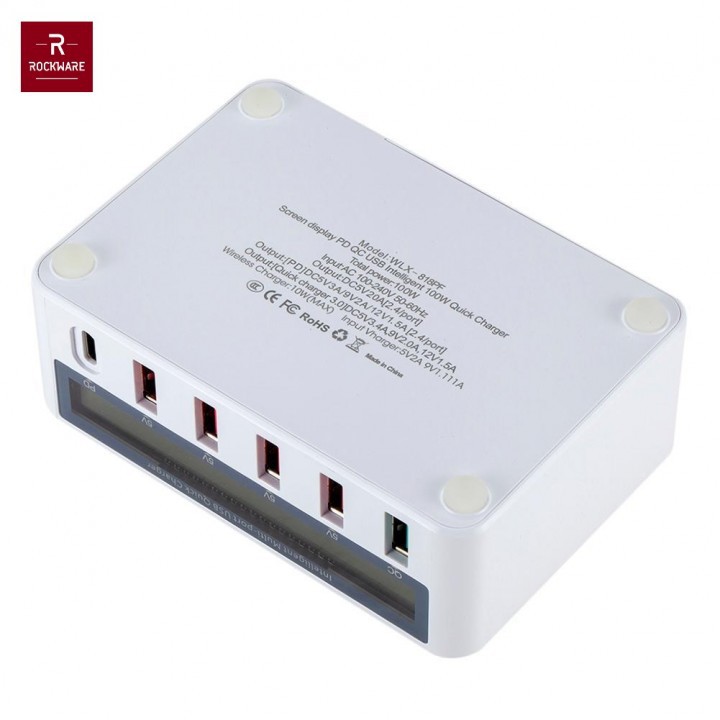 ROCKWARE 818PF Charger 5 USB-A and 1 PD 18W Wireless Charge - 100W 8A