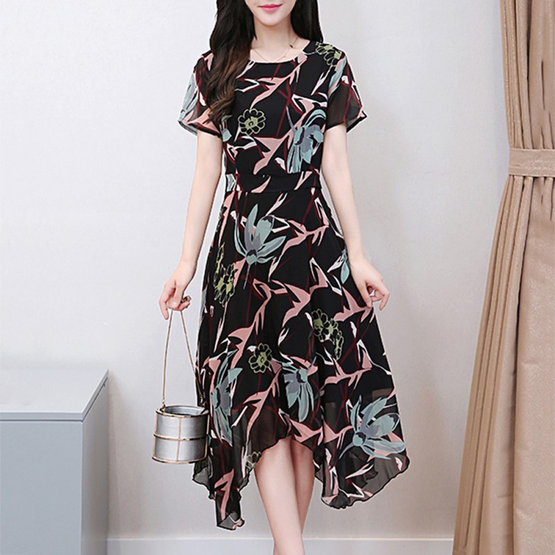  Long  Dress  Maxi Wanita Lengan Pendek Model O Neck High Low 