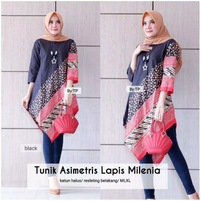 Tunik Asimetris Lapis Milenia Atasan Batik Kerja Wanita Modern Cantik Shopee Indonesia