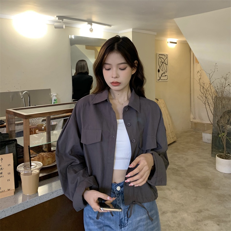 korean style Loose Casual Crop outer kaos Casual Atasan jaket hitam