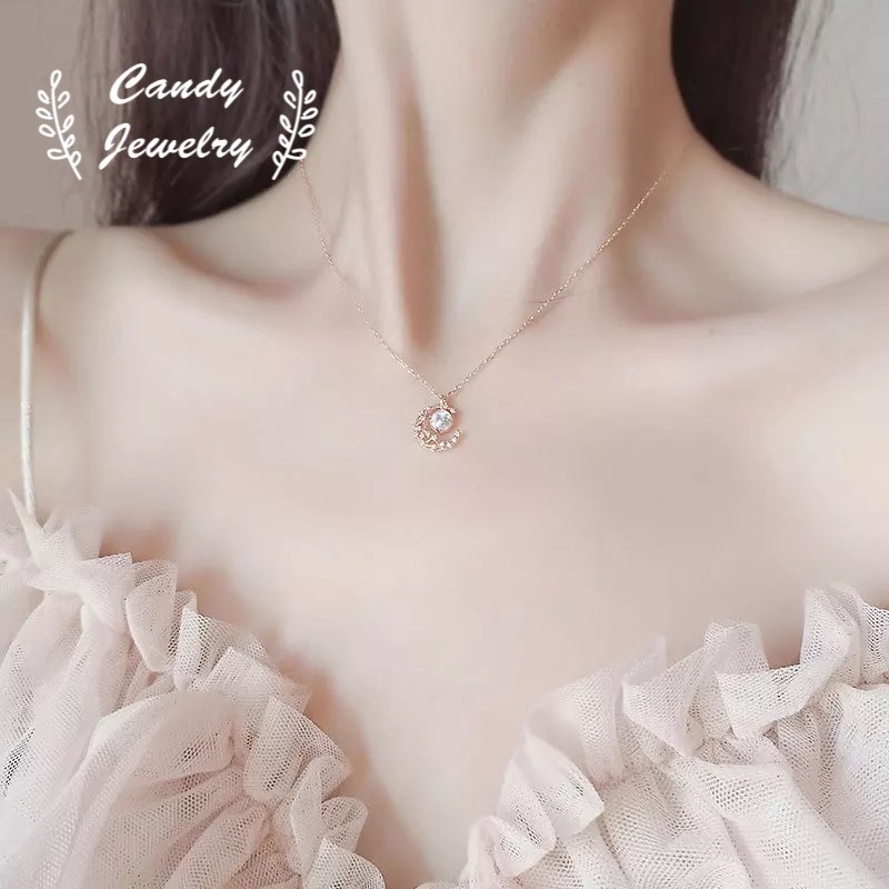 Kalung Rantai Klavikula Hias Liontin Bulan Bintang Kristal Bahan S925 Sterling Silver Gaya Korea Untuk Wanita