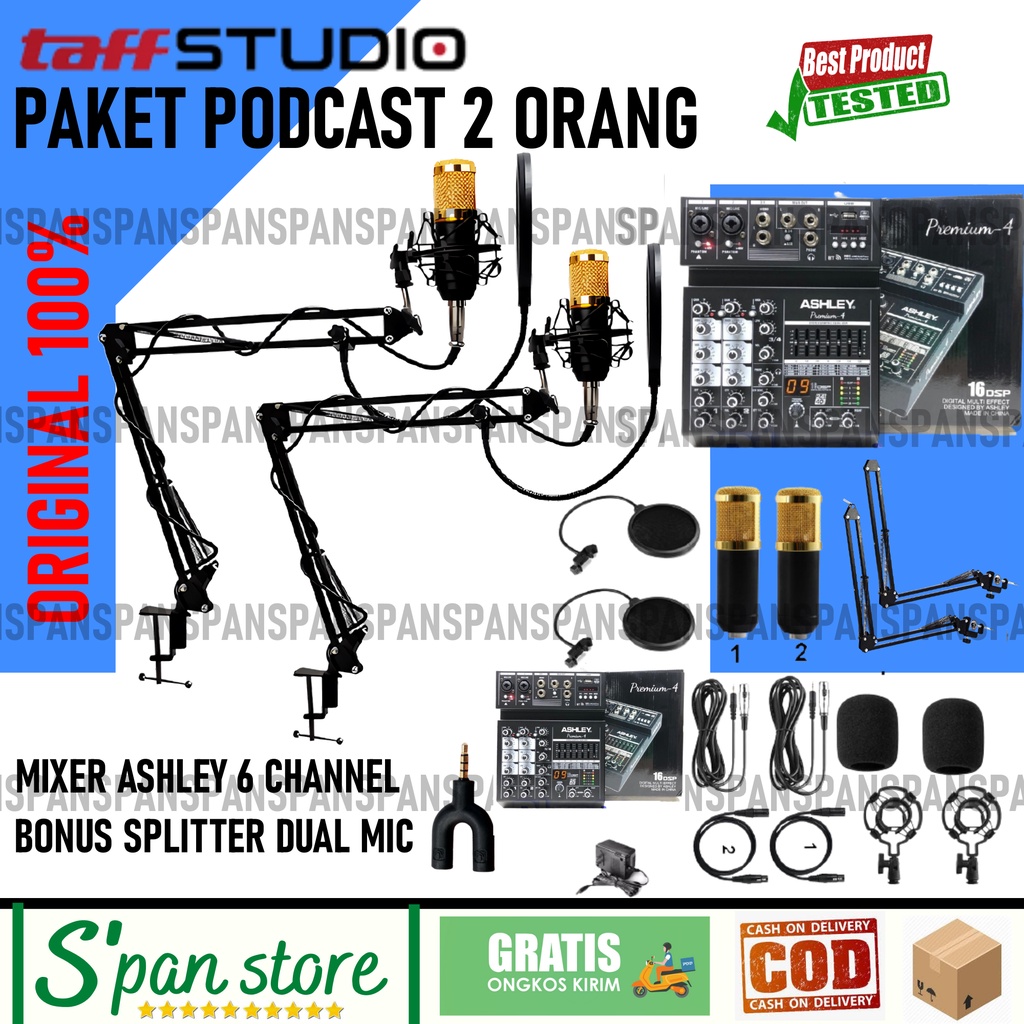 Paket Podcast 2 Orang Mixer Ashley Premium 4, BM 800, Stand,Pop Filter