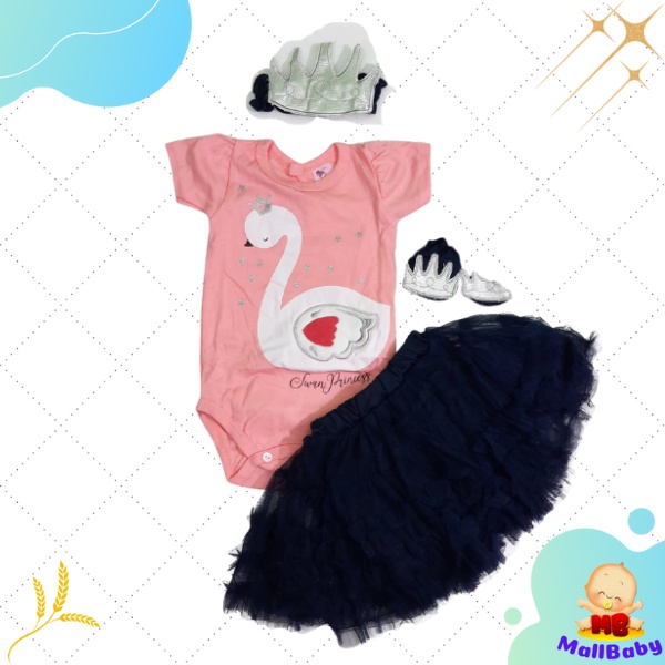 Baju Bayi Perempuan 0 3 6 9 12 Bulan Set Jumper Rok Kaos kaki Bayi Mahkota Princess Swan