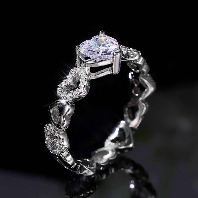 Cincin Berlian Kristal Berbentuk Hati Sederhana Perak Fashion Wanita Pernikahan Rings