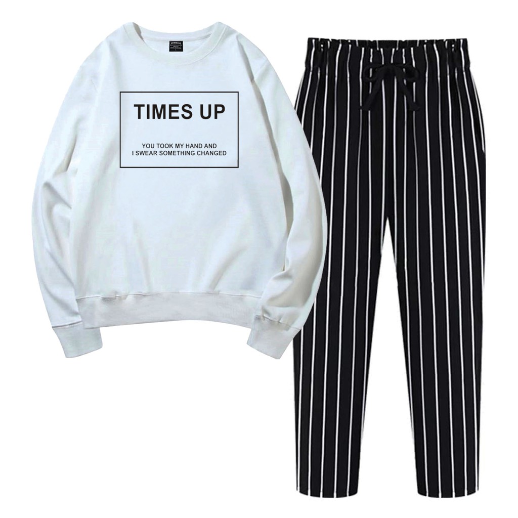 BESS - Baju Setelan Wanita Murah / Setelan Sweater + Celana Salur Hitam - TIMES UP