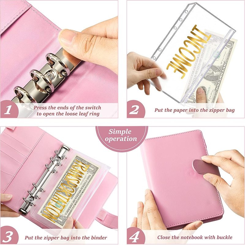 A6 Binder Budget Organizer Cash Envelopes Planner Zipper Pockets Expense Sticker Labels for Money Saving