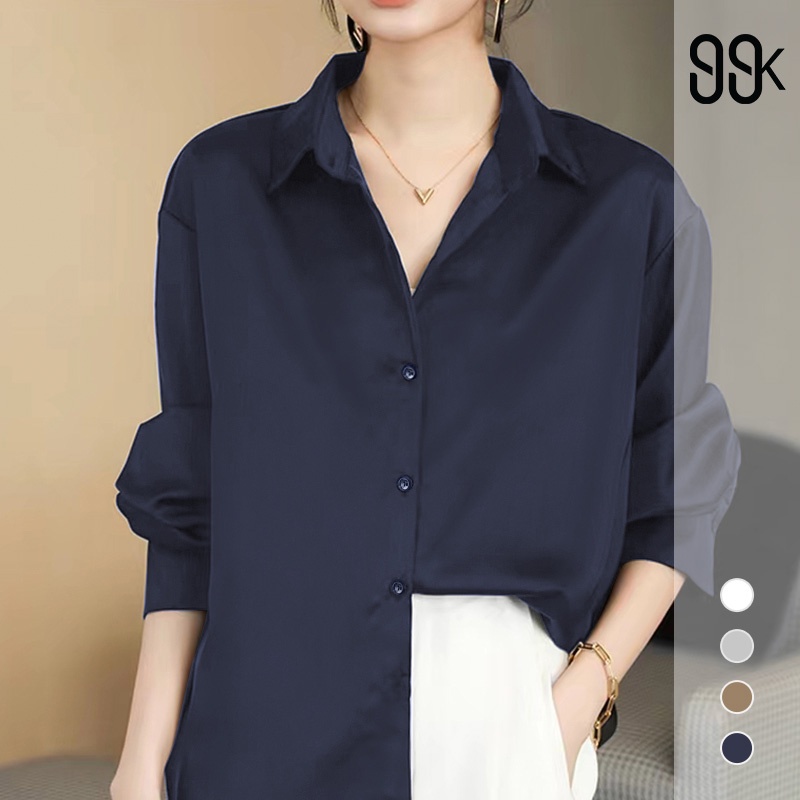 [S.T] Korean Women's Shirt Elegant Basic Top Long Sleeve Kemeja Wanita Lengan Panjang 2834