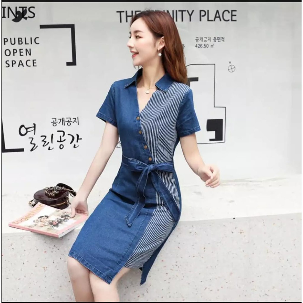 QFS - ALECIA DRESS / DRESS WANITA / SOFT JEANS / COMBI SALUR