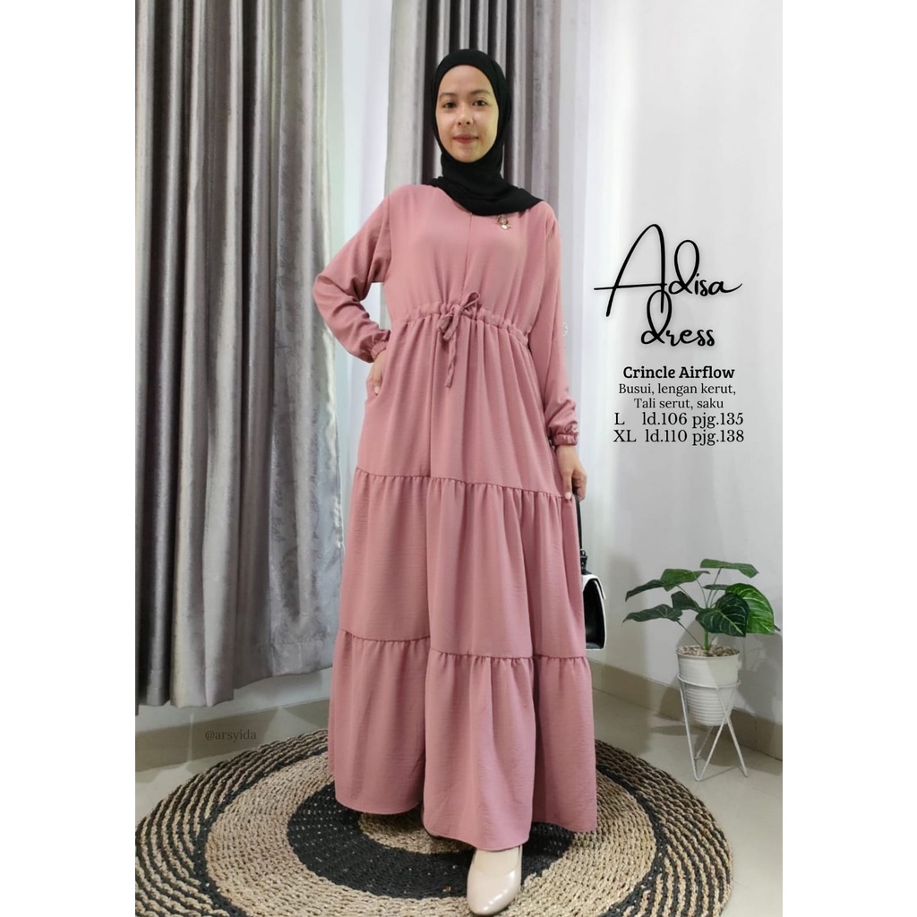 Dress gamis Adisa S-XXXL crinkle airflow polos susun terlaris