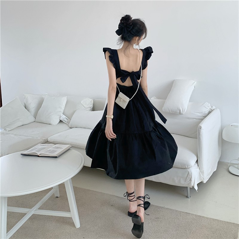 Retro Little Black Dress Wanita Baru Seksi Backless Busur Gaun Beropol zWgj