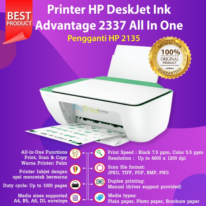 Printer HP Deskjet Ink Advantage 2336 2335 2337 NEW ORI RESMI Print Scan Copy A4 Cetak Max F4 Usb Penerus HP Deskjet 2135, Hp 2775 2776 with WiFi Wireless Black Color Photo Printer Kuliah Multifungsi All In One Termurah