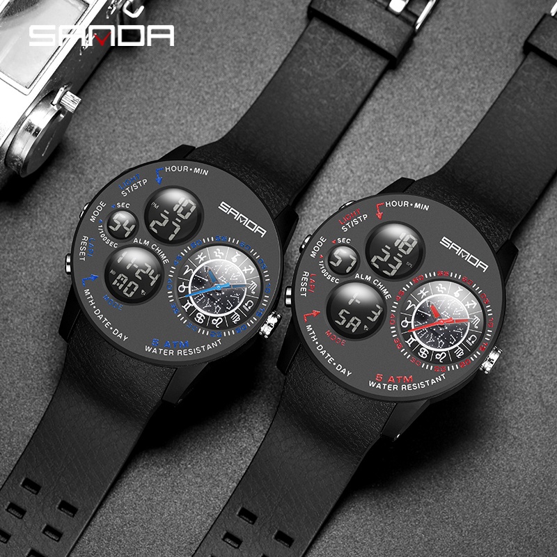 SANDA 6036 Jam Tangan Pria Digital Analog Tali Rubber Dual Time Anti Air WATCHKITE WKOS