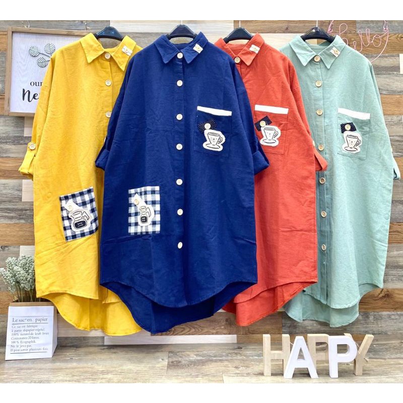 Tunik Kemeja Katun Linen Import Polos +Aplikasi Keren LuBaNa#6531