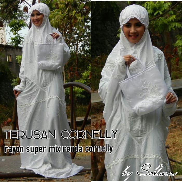 mukena terusan katun rayon putih renda cornelli