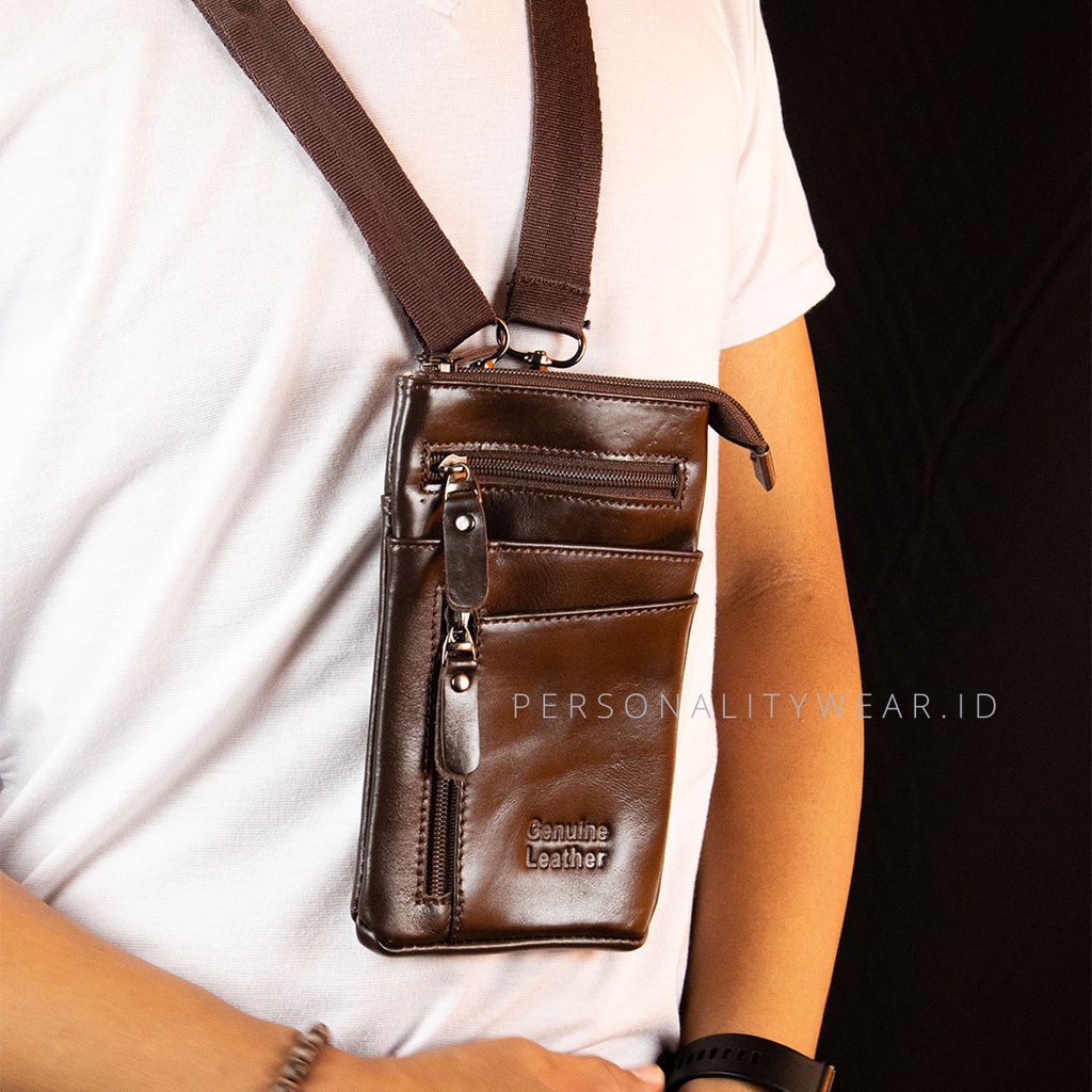 Tas Selempang Travel Pouch Hanging Wallet Kulit Simpel untuk Passport HP Gadget THE CORE