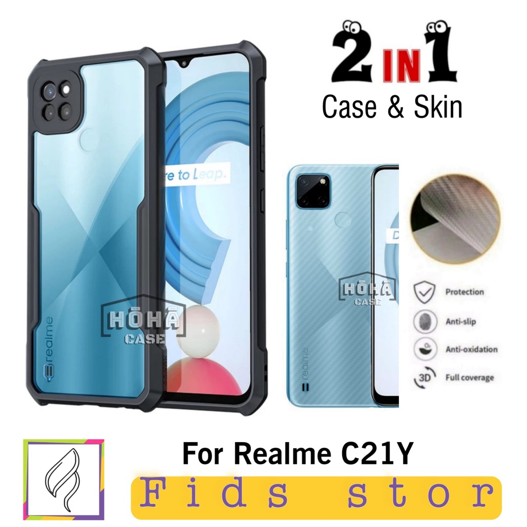 PROMO 2in1 CASE ShockProof Transparan REALME C21Y | REALME C21 Bonus GARSKIN Carbon Anti Jamur