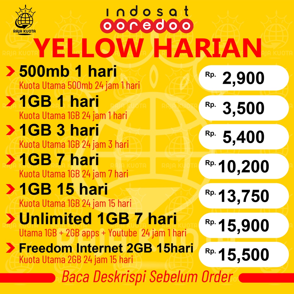 Paket Kuota Data  Internet Indosat Yellow Freedom Harian 1GB 2GB 1hari 3hari 7hari 15hari