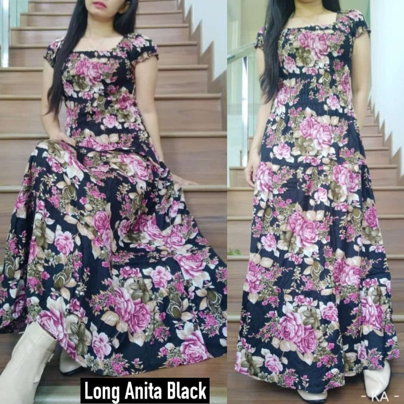 Daster Panjang Serut Dada Rayon Adem Longdress Cantik Bunga Sakura Natasha-Anita black