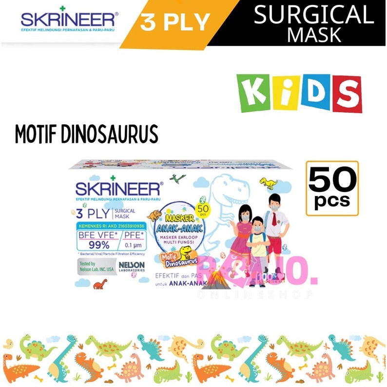 Masker Anak Skrineer Surgical Face Mask Motif Dino 3ply Earloop isi 50 pcs