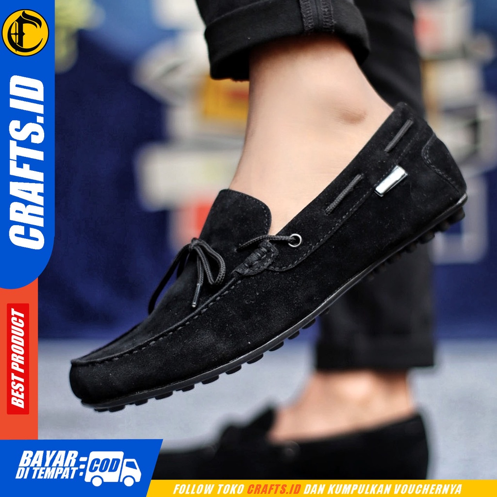 Sepatu Slip On Pria Sepatu Casual Pria Kulit Suede Kerja Kantor Kuliah Kondangan Sepatu Slop Pria Sepatu Hitam Pria CRAFTS RENES