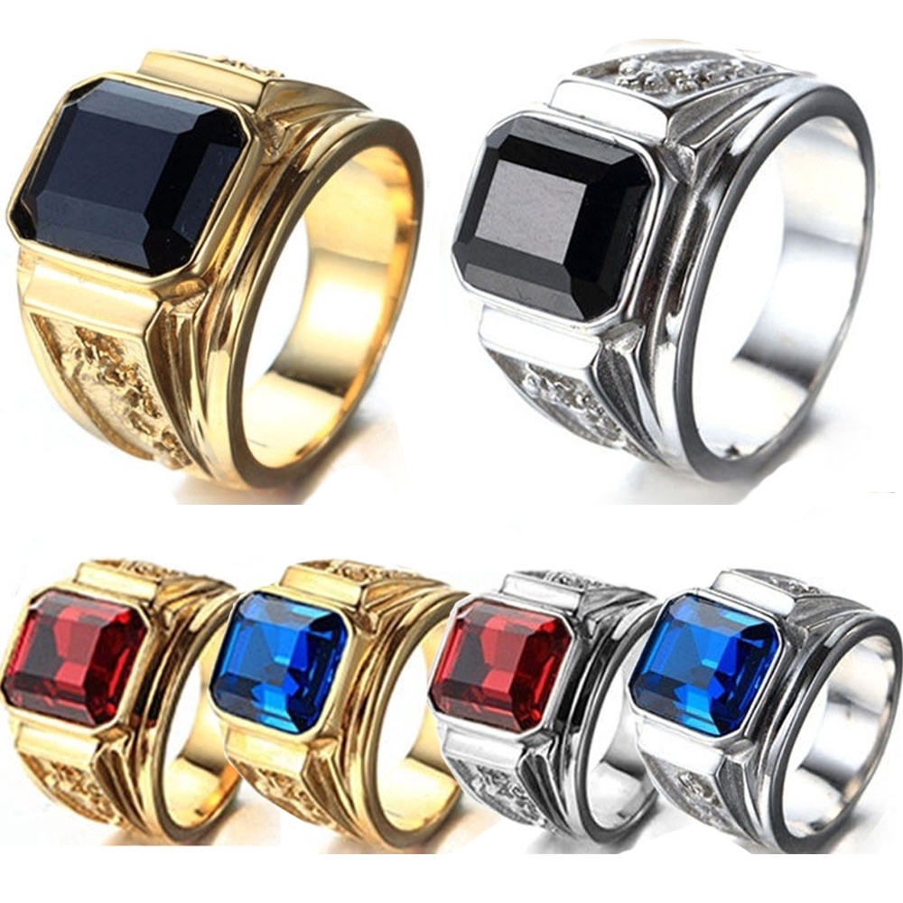 Cincin Emas 18k Aksen Batu Permata Ruby Sapphire Hitam Kristal Bentuk Naga Bahan Baja Titanium Silver