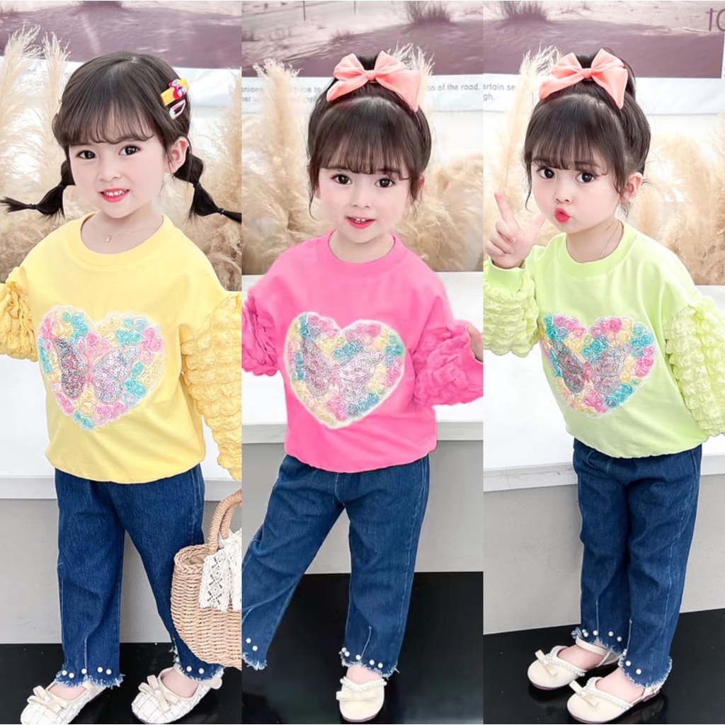 Baju Setelan Anak Perempuan Lengan Panjang Import / Setelan Import Anak Perempuan Jeans Lucu / Baju 