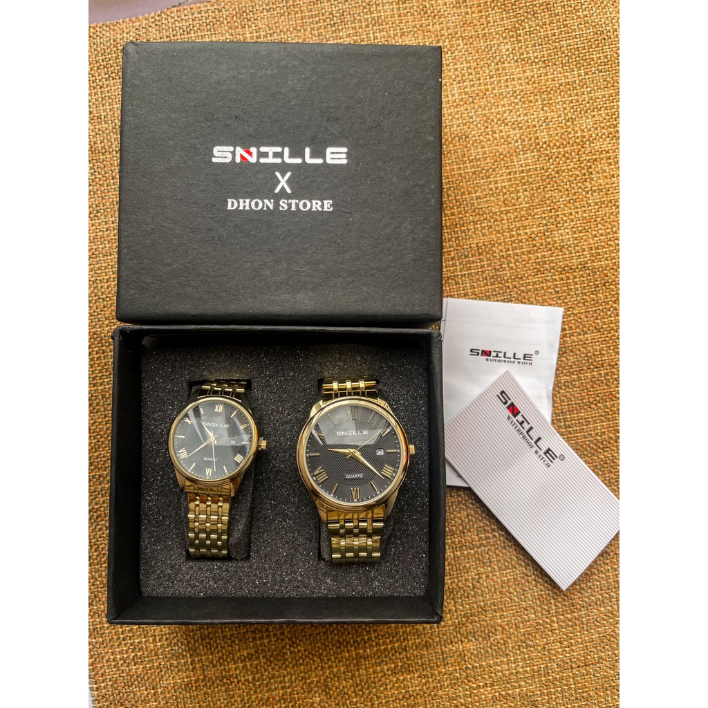 Jam tangan couple pria wanita SNILLe stainless gold gratis gelang dan kalung (dhon store)