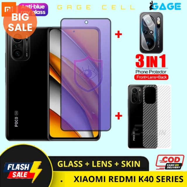 PAKET 3 IN 1 TEMPERED GLASS ANTI RADIASI BLUE LIGHT XIAOMI REDMI K40 PRO PLUS FULL LAYAR KAMERA SKIN