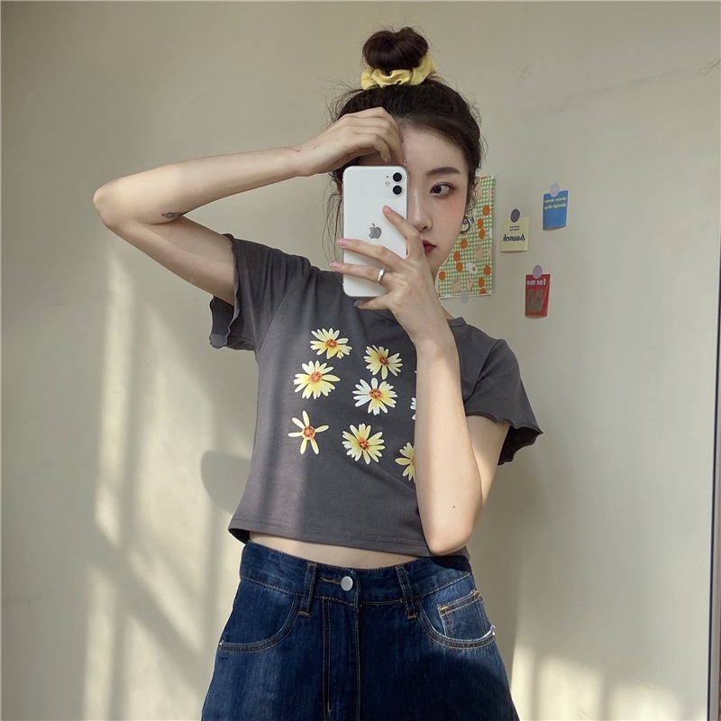 MOOGU ♡ Print crop top kaos wanita t-shirt lengan pendek atasan baju wanita