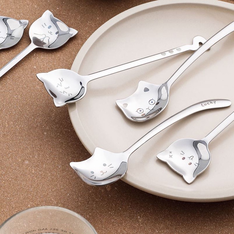 Kreatif Lucu Kucing304Sendok Makan Stainless Steel Dengan Gagang Panjang/High Quality Dessert Soup Spoon/Peralatan Makan Berguna Dapur/Sendok Pengaduk Kopi Alat Makan Makan Makan Makan Dinner