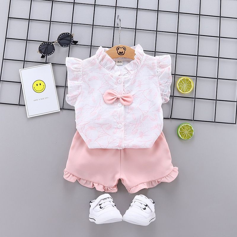 Setelan Anak Perempuan kemeja+celana pendek Set Anak Cewek keren style new arrival import-Pink
