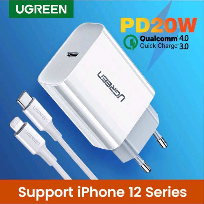 Charger Ugreen 20 Watt + Kabel Usb C to Lightning for IPhone 13 14 12 11 8 X XR XS SE