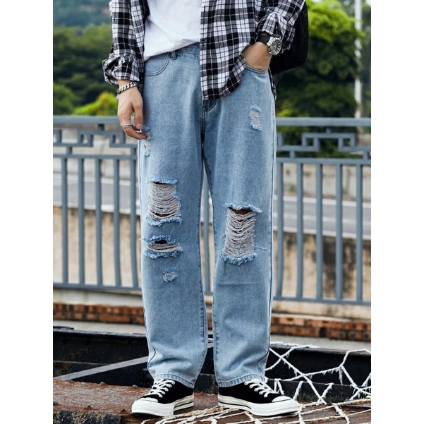 Jual Celana Sobek Pria Ripped Jeans Standar Reguler Basic Robek Gombor