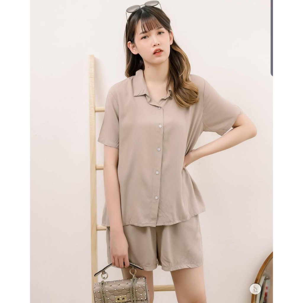 daily set  One set strady basic / setelan kemeja wanita polos/baju santai/pajama gradasi-Krem